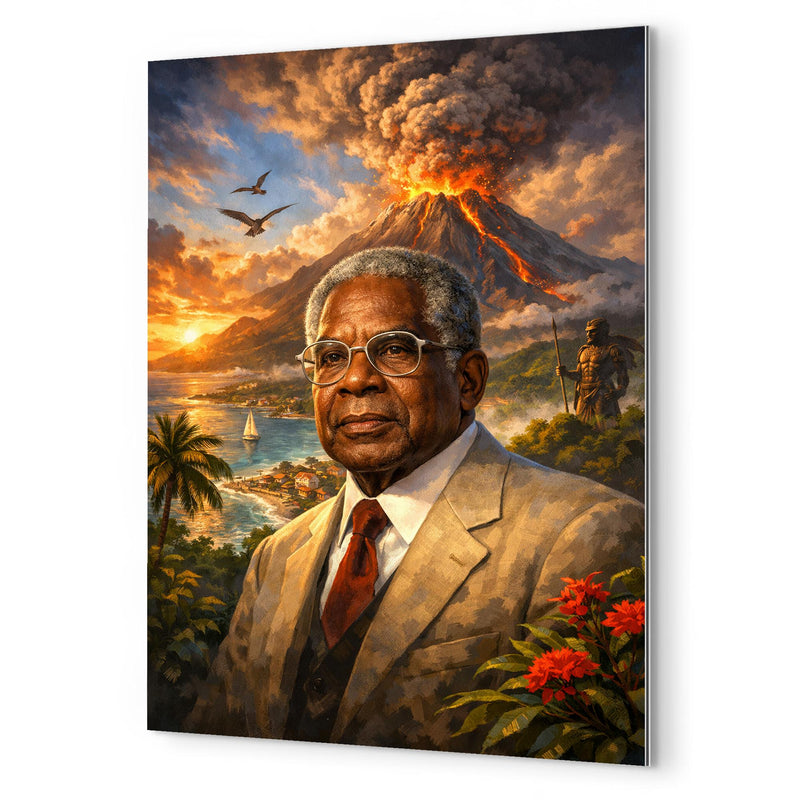 Aimé Césaire with volcanic Martinique backdrop metal print mockup
