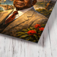 Aimé Césaire with volcanic Martinique backdrop metal print mockup