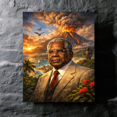 Aimé Césaire with volcanic Martinique backdrop metal print mockup