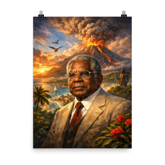 Aimé Césaire with volcanic Martinique backdrop poster on a plain backdrop in size 8"x10".