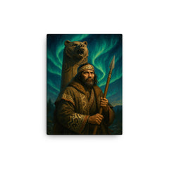 Ainu hunter beneath aurora and carved bear totem canvas print on a plain backdrop in size 12"x16".