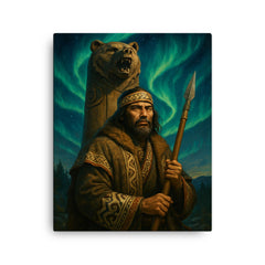 Ainu hunter beneath aurora and carved bear totem canvas print on a plain backdrop in size 16"x20".