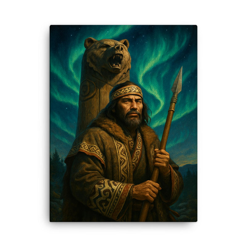 Ainu hunter beneath aurora and carved bear totem canvas print on a plain backdrop in size 18