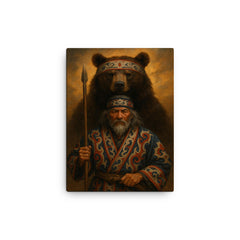 Ainu hunter with ceremonial bear and embroidered robes canvas print on a plain backdrop in size 12"x16".