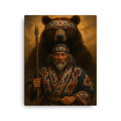 Ainu hunter with ceremonial bear and embroidered robes canvas print on a plain backdrop in size 16"x20".