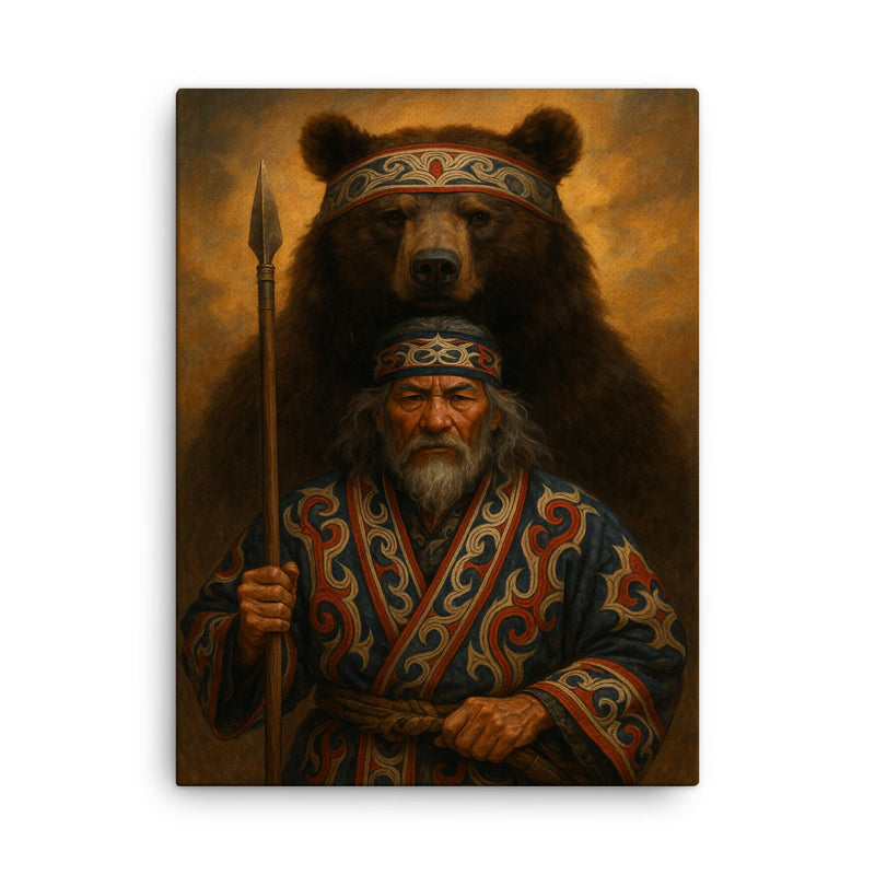 Ainu hunter with ceremonial bear and embroidered robes canvas print on a plain backdrop in size 18