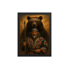 Ainu hunter with ceremonial bear and embroidered robes framed print on a plain backdrop in size 12"x16".
