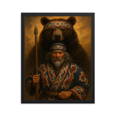 Ainu hunter with ceremonial bear and embroidered robes framed print on a plain backdrop in size 16"x20".
