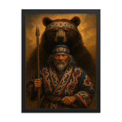 Ainu hunter with ceremonial bear and embroidered robes framed print on a plain backdrop in size 18"x24".