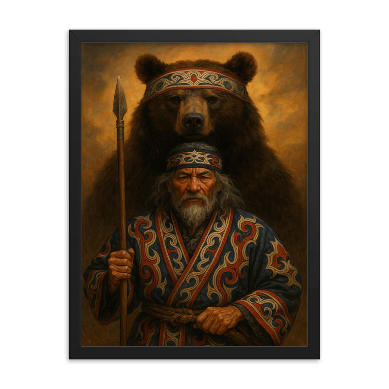 Ainu hunter with ceremonial bear and embroidered robes framed print on a plain backdrop in size 18
