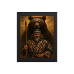 Ainu hunter with ceremonial bear and embroidered robes framed print on a plain backdrop in size 8"x10".