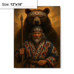 Ainu hunter with ceremonial bear and embroidered robes metal print on a plain backdrop in size 12"x16".
