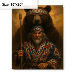 Ainu hunter with ceremonial bear and embroidered robes metal print on a plain backdrop in size 16"x20".
