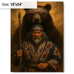 Ainu hunter with ceremonial bear and embroidered robes metal print on a plain backdrop in size 18"x24".
