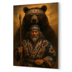 Ainu hunter with ceremonial bear and embroidered robes metal print mockup