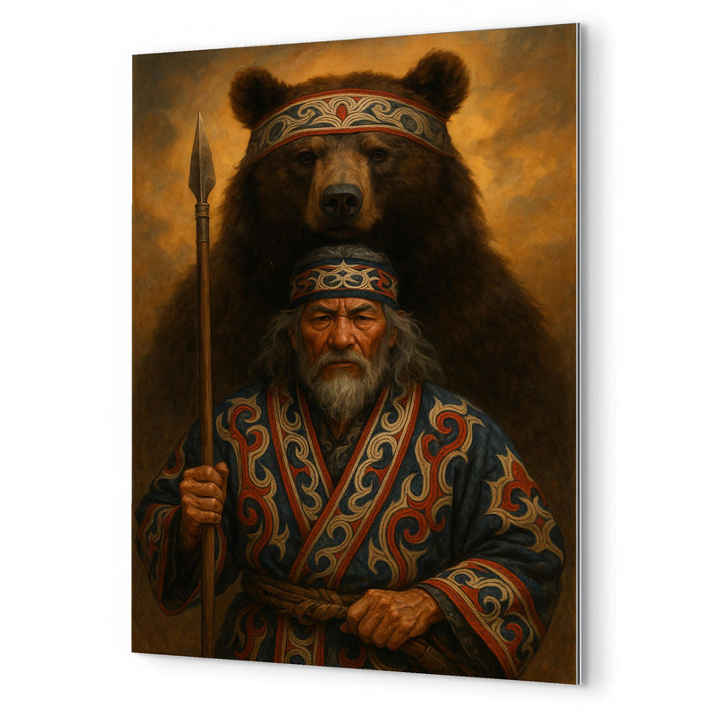 Ainu hunter with ceremonial bear and embroidered robes metal print mockup