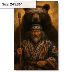 Ainu hunter with ceremonial bear and embroidered robes metal print on a plain backdrop in size 24"x36".