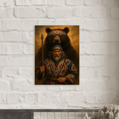 Ainu hunter with ceremonial bear and embroidered robes metal print mockup