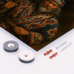 Ainu hunter with ceremonial bear and embroidered robes metal print mockup