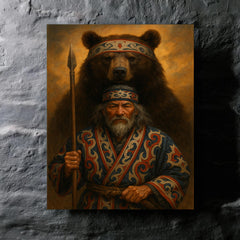 Ainu hunter with ceremonial bear and embroidered robes metal print mockup