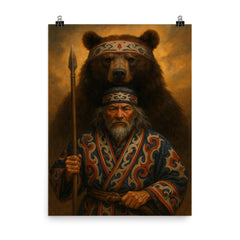 Ainu hunter with ceremonial bear and embroidered robes poster on a plain backdrop in size 8"x10".