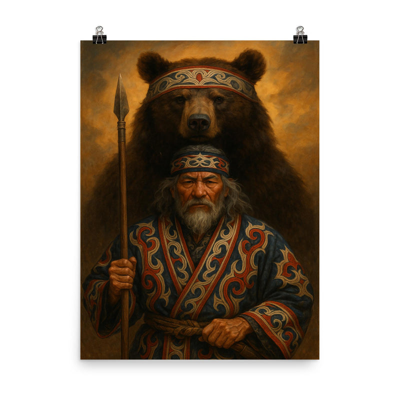 Ainu hunter with ceremonial bear and embroidered robes poster on a plain backdrop in size 8
