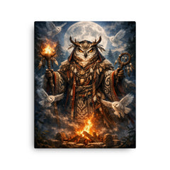Ainu owl spirit with ceremonial robe canvas print on a plain backdrop in size 16"x20".