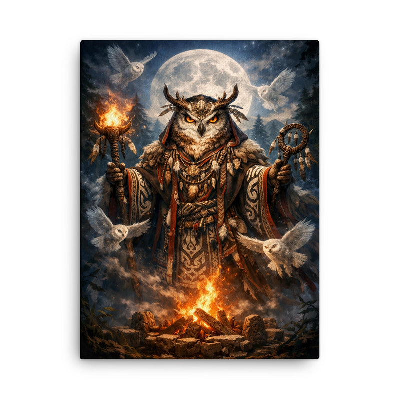 Ainu owl spirit with ceremonial robe canvas print on a plain backdrop in size 18