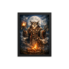 Ainu owl spirit with ceremonial robe framed print on a plain backdrop in size 12"x16".