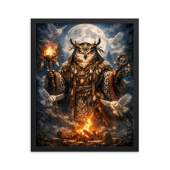 Ainu owl spirit with ceremonial robe framed print on a plain backdrop in size 16"x20".
