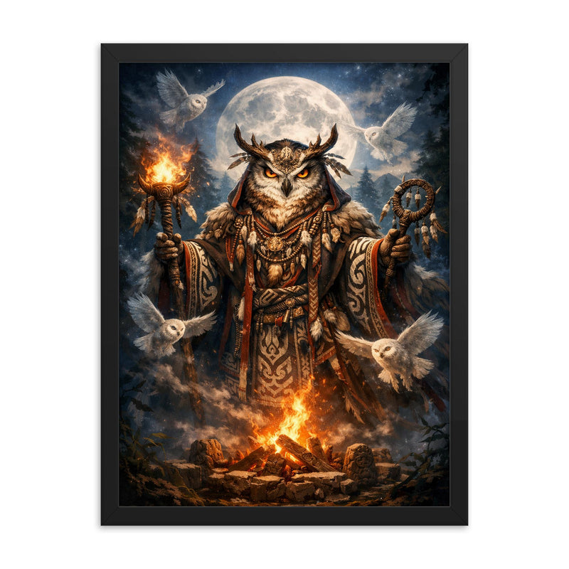 Ainu owl spirit with ceremonial robe framed print on a plain backdrop in size 18