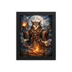 Ainu owl spirit with ceremonial robe framed print on a plain backdrop in size 8"x10".
