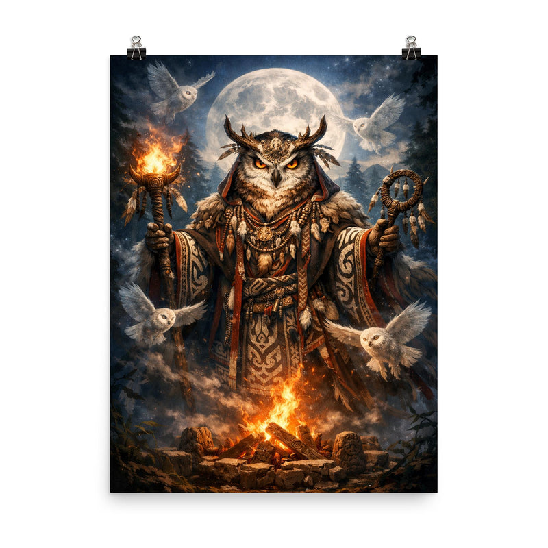 Ainu owl spirit with ceremonial robe poster on a plain backdrop in size 8