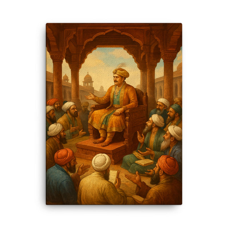 Akbar debating scholars in Fatehpur Sikri canvas print on a plain backdrop in size 18