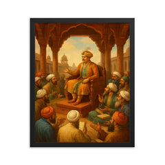 Akbar debating scholars in Fatehpur Sikri framed print on a plain backdrop in size 16"x20".