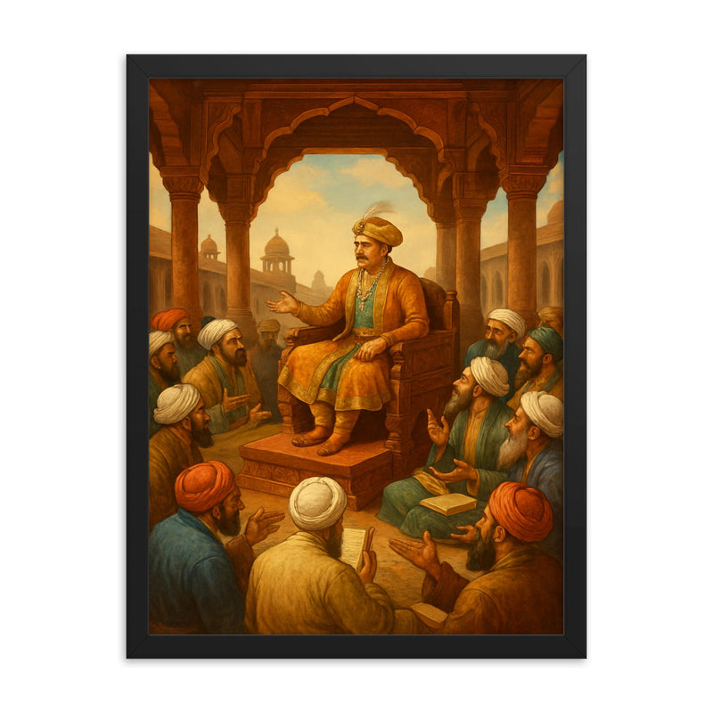 Akbar debating scholars in Fatehpur Sikri framed print on a plain backdrop in size 18
