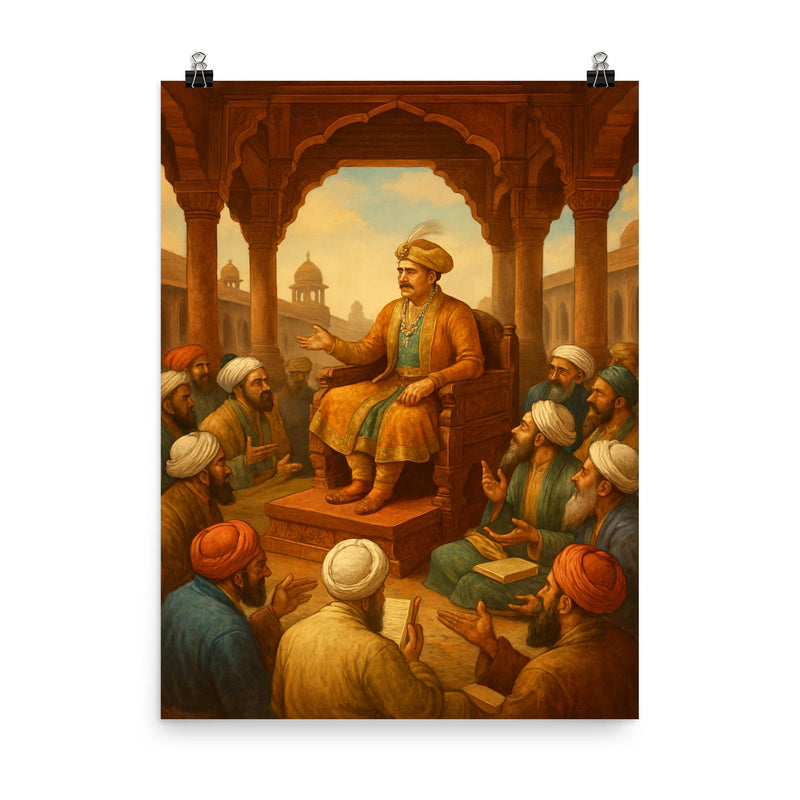 Akbar debating scholars in Fatehpur Sikri poster on a plain backdrop in size 8