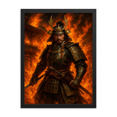 Akechi Mitsuhide at Honnō ji flames framed print on a plain backdrop in size 18"x24".