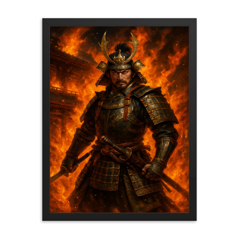Akechi Mitsuhide at Honnō ji flames framed print on a plain backdrop in size 18