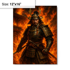 Akechi Mitsuhide at Honnō ji flames metal print on a plain backdrop in size 12"x16".