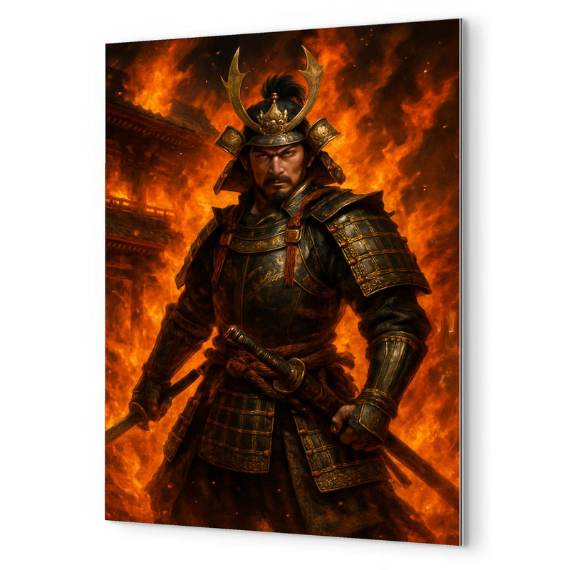 Akechi Mitsuhide at Honnō ji flames metal print mockup