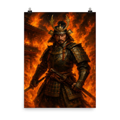 Akechi Mitsuhide at Honnō ji flames poster on a plain backdrop in size 8"x10".