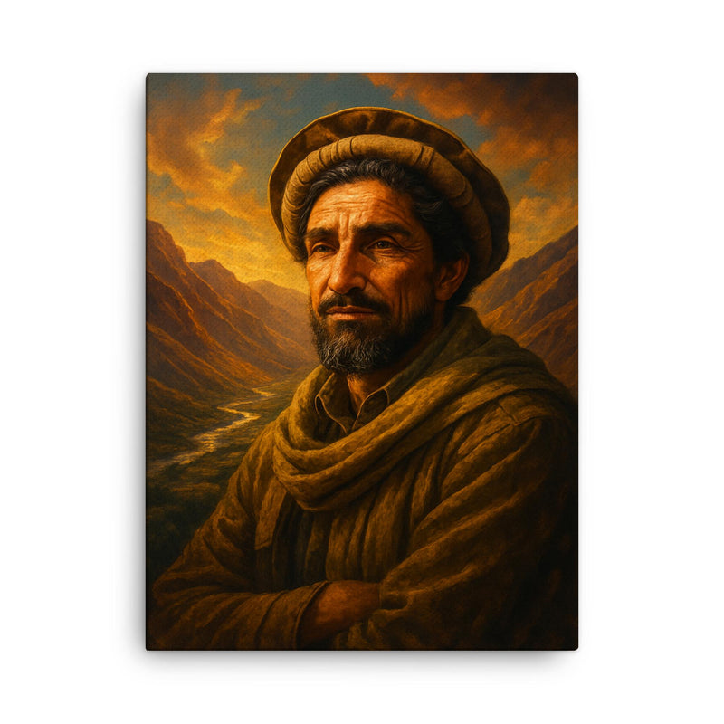 Akhmad Shah Massoud in Panjshir valley light canvas print on a plain backdrop in size 18