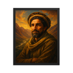 Akhmad Shah Massoud in Panjshir valley light framed print on a plain backdrop in size 16"x20".