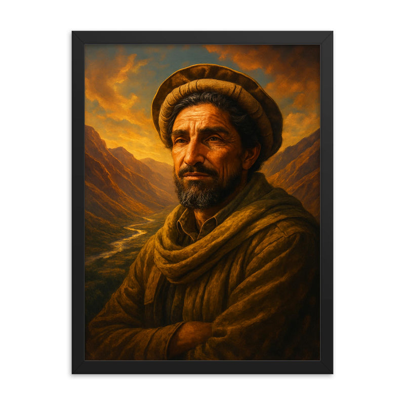 Akhmad Shah Massoud in Panjshir valley light framed print on a plain backdrop in size 18