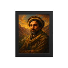 Akhmad Shah Massoud in Panjshir valley light framed print on a plain backdrop in size 8"x10".