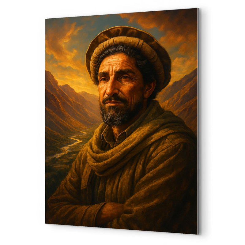 Akhmad Shah Massoud in Panjshir valley light metal print mockup