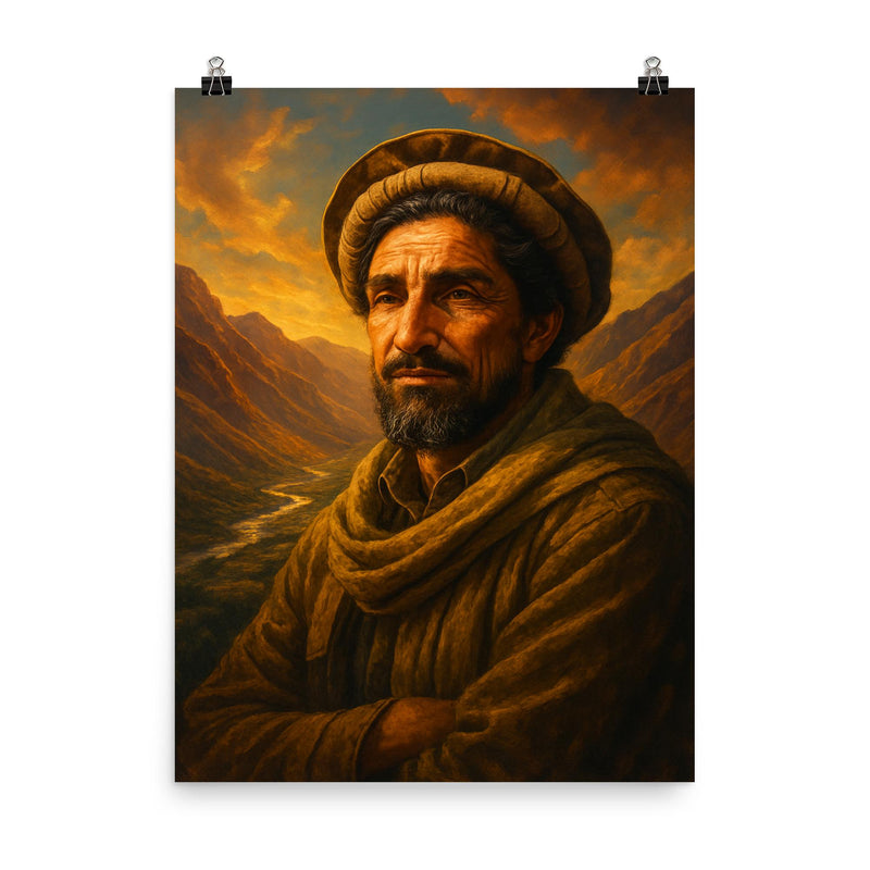 Akhmad Shah Massoud in Panjshir valley light poster on a plain backdrop in size 8