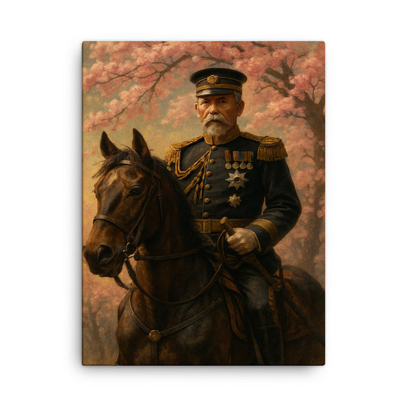 Akiyama Yoshifuru cavalry general under cherry ash canvas print on a plain backdrop in size 18