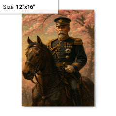 Akiyama Yoshifuru cavalry general under cherry ash metal print on a plain backdrop in size 12"x16".